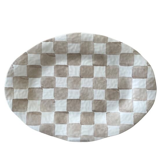 Chic Taupe & White Checkered Melamine Large Serving Platter 13X18 Oval NEW - Picture 1 of 9
